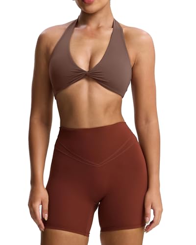 Image of Aoxjox Women's Rosie Halter Sports Bra | halter neck, removable padding, medium impact, workout top, fitness yoga crop tank, gym essential