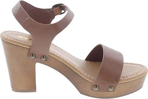 Soda CHIVAS ~ Women's Bold Buckles Studded Wedge Sandal Tan Pu 9 | Image 5