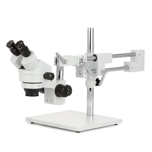 Image of AmScope SM-4BX Professional Binocular Stereo Zoom Microscope, WH10x Eyepieces, 3.5X-45X Magnification, 0.7X-4.5X Zoom Objective, Ambient Lighting, Double-Arm Boom Stand, Includes 0.5x Barlow Lens