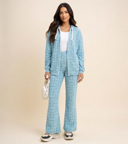 Image of Leriya Fashion Co Ord Set for Women Stylish | Oversized Loose Fit Hoodies for Women | Lycra Jacquard Warm Hooded Hoodie & Pant Set | Drawstring Zip Up Jacket Hoodie | Winter Sweatshirts & Hoodies