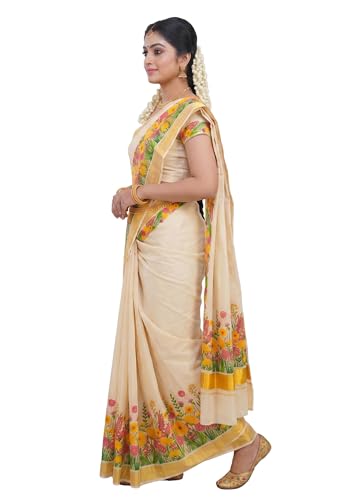 Image of Women's Mural Printed Kerala Gold Tissue Saree with Running Blouse Piece | Traditional South Indian Ethnic Saree for Festivals, Weddings & Special Occasions