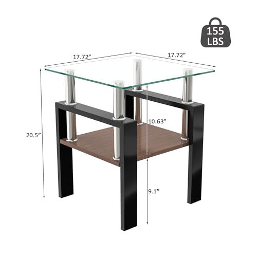 Image of Meihua Glass End Table, Square Glass Side Table, 2-Tier Modern Nightstand with Metal Legs for Living Room&Bedroom (Transparent+Brown, Set of 2)