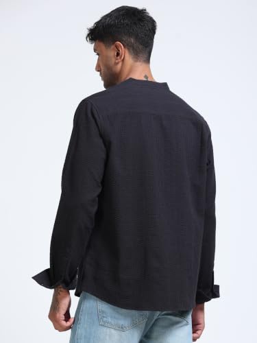 Image of StitchX Men's Seersucker Band Collar Pure Cotton Striped Kurta Shirt-S-2XL