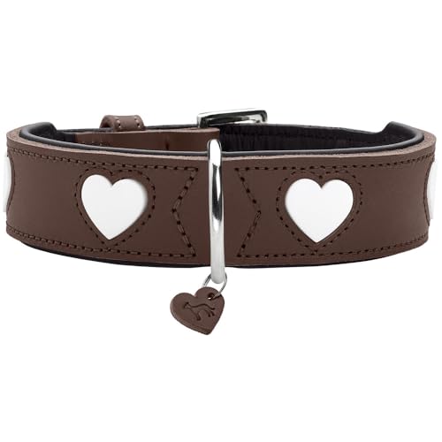 Hunter Hundehalsband Love, Farbe: braun/schwarz, weiches, Robustes Rindsleder, einzeln eingenähte Herzen, handgefertigt, hoher, besonders anschmiegsam, Made in Germany, Größe 55