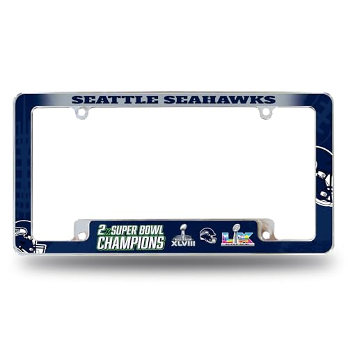 Rico Industries NFL Football Seattle Seahawks 2 Time Super Bowl Champions 12 x 6 Chrome All Over Automotive License Plate Frame for Car/Truck/SUV