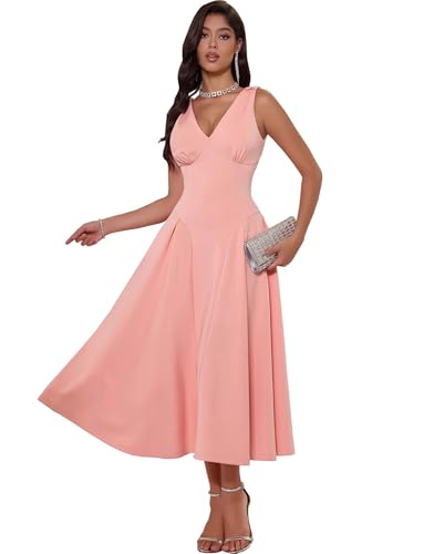 Robe mi-longue élégante sans manches avec col en V fluide raffiné