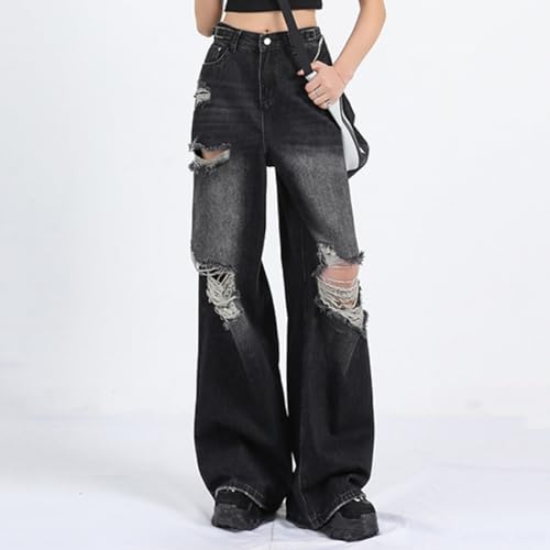 Womens Ripped Boyfriend Jeans Trendy Y2K Baggy Destroyed Denim Pants Streetwear Wide Leg Long Trousers with Pockets2