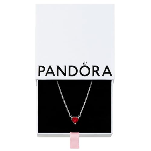 PANDORA Sparkling Heart Halo Pendant Collier Necklace - Red Crystal Jewelry Necklace - Pavé Halo Heart Design - Romantic Jewelry for Her with Gift Box - Adjustable Sterling Silver Chain - 17.7'