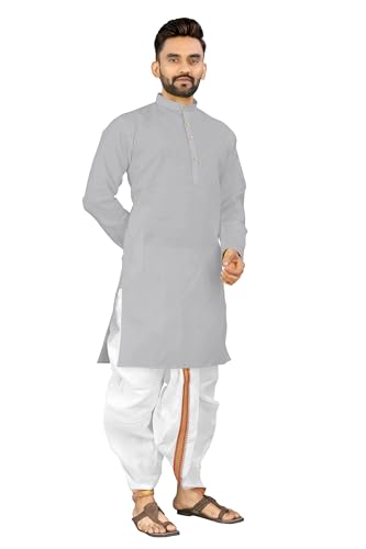 Image of UNIQUE MOMENTS Men's Cotton Dhoti Kurta Set with Full Sleeves Solid Pattern Modern Style and Mandarin Collar Neck | Perfect for Puja & Celebrations
