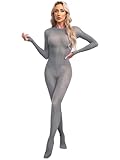 Hularka Women's Sexy One Piece See Through Bodystocking Long Sleeve Full Bodysuits Unitards Grey Zipper One Size