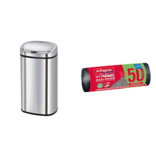 KITCHEN MOVE Poubelle de cuisine automatique 68L MAJESTIC grande capacité en acier INOX avec cerclage & ALFAPAC - 10 sacs 50L à liens coulissants -...