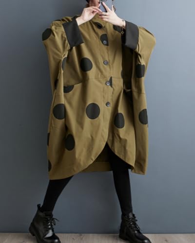 ellazhu Women's Casual Vintage Batwing Polk Dots Trench Coat Irregular Hem Outerwear GZ424