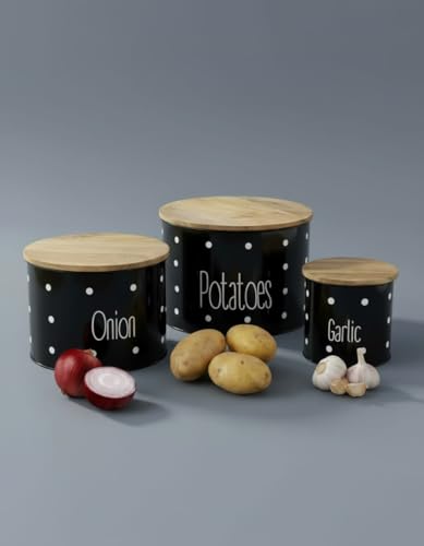 Image of Set of 3 Potato Onion & Garlic Storage Container For Kitchen | Storage Container For Kitchen Storage with Lid. (Black)