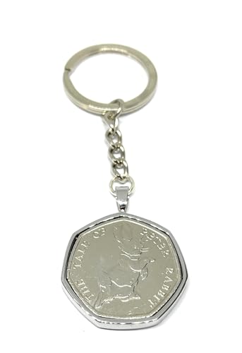 Beatrix Potter 50p coin Peter Rabbit Silver Plated Mount Keyring - Peter Rabbi Circulated Coin, Silver, One size