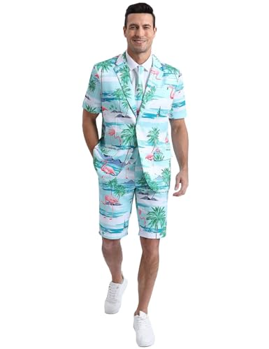 Men's 3-Piece Hawaiian Suits for Tropical Beach Party, Short Sleeve Blazer & Shorts & Tie