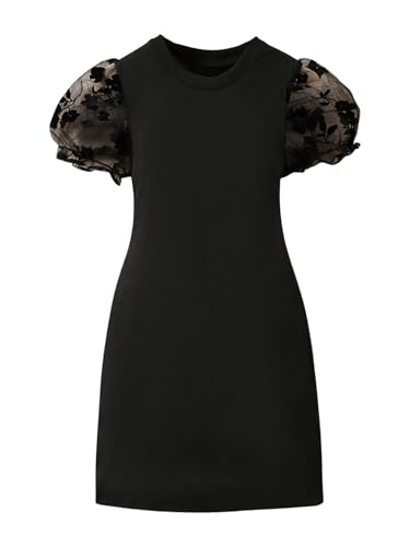 WDIRARA Girl's Floral Mesh Puff Short Sleeve Dress Crew Neck Bodycon Dress