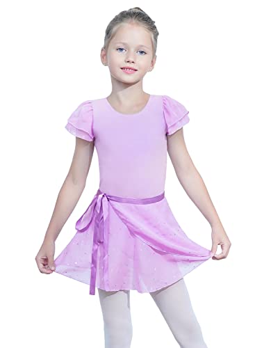 Image of EQSJIU Ballet Leotards for Girls with Removable Skirt Combo Tie Ruffle Sleeve Outfit