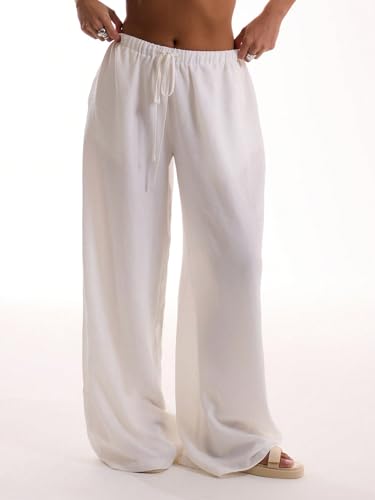 Image of Womens Linen Pants Wide Leg Loose Swimsuit Coverups Summer Pants Beach Vacation Outfits