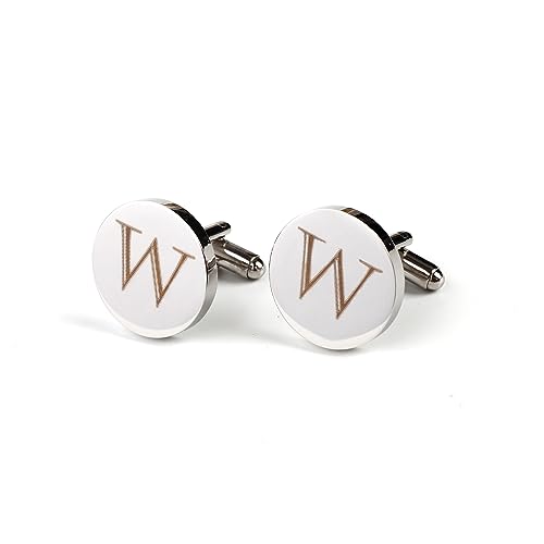Image of Mens Initial Silver Cufflinks A-Z Alphabet Letter Steel Cuff Links with Engraved Walnut Wood Box Groom Groomsman Wedding Set