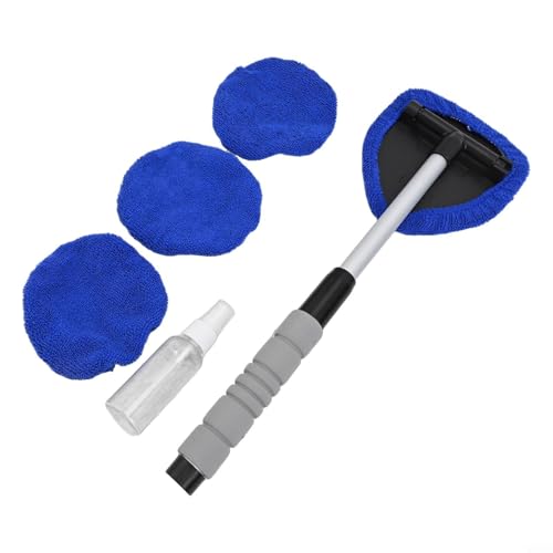 Aetluxery Kits de limpieza de ventanas de coche – 3 almohadillas de microfibra y botella de spray – Mango retráctil y cabezal giratorio para limpieza automática interior de vidrio (azul)