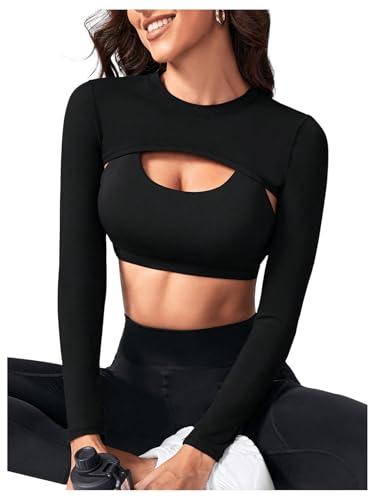 SweatyRocks Women's Ultrashort Cutout Workout Crop Top Exercise Long Sleeve Tee Shirt3