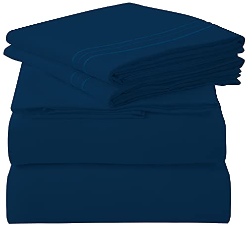 Image of ROYALE LINENS 3 Piece Twin Sheets Set - Soft Brushed 1800 Microfiber Bedding - 1 Fitted and 1 Flat Sheet, 1 Pillow case - Wrinkle Free & Fade Resistant - Hotel Luxury Bed Sheets Set (Navy, Twin)