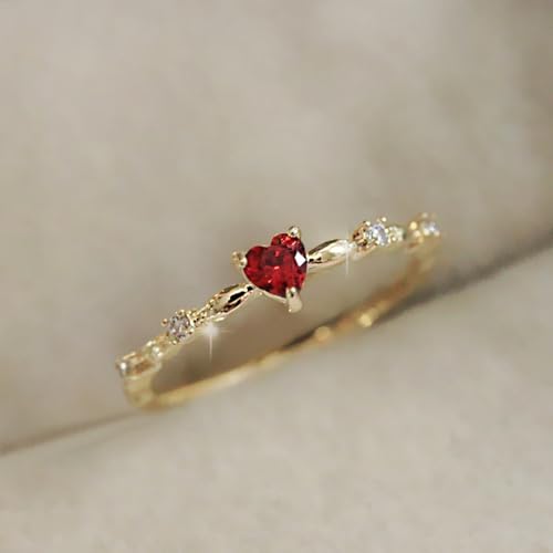 Gold-Tone Heart Engagement Ring for Women, Romantic Red Gemstone with Twisted Band Design, Dainty Alloy Promise Ring3