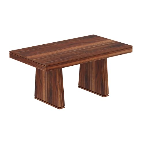 Image of Solid Wood 6 Seater Dining Table | Sheesham Wood Six Seater Dining Table with Cushion Chairs | Wooden Furniture Dinner Table with 6 Chairs | Natural Finish with Cream Upholstery