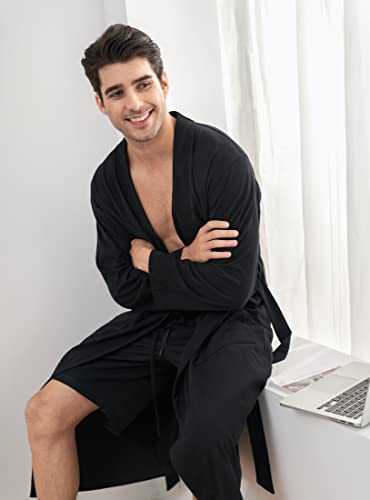 David Archy Men's Cotton Robe Lightweight Kimono Bathrobe With Pockets Mens Summer Knit Robes (L, Black) #TOP4