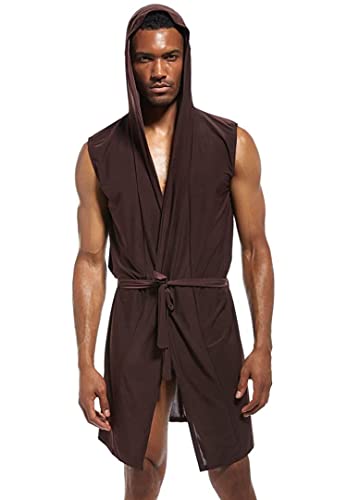 Mendove Men's Silky Sexy Sleeveless Summer Robe Hooded Bathrobe