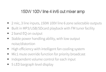Technical specifications table for Studiomaster ISMA150 Line Mixer Amplifier.