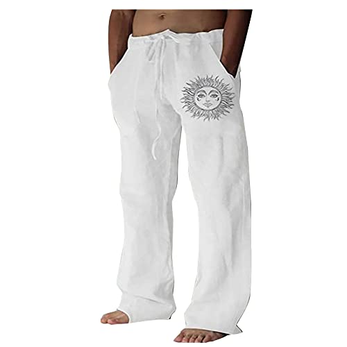 Beach Pants Men Cotton Linen Pant 2023 Casual Drawstring Lightweight Baggy Hippie Classic Fit Spring Summer Pants White Large #TOP9