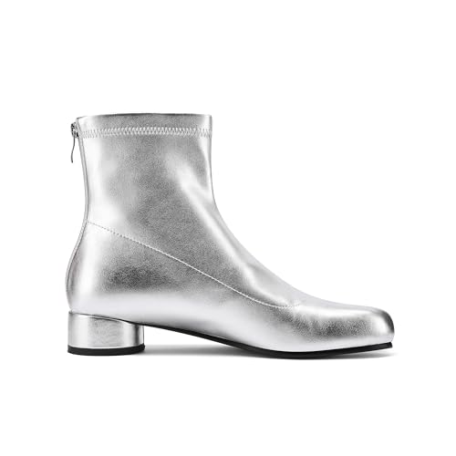 Image of Split Toe Ankle Boots for Women Tabi Japanese Ninja Shoes Low Chunky Heels Booties, Stretch Artificial Leather Boots Back Zipper