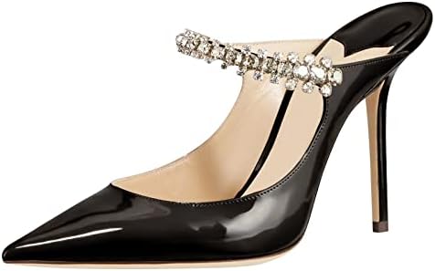 MIRAAZZURRA Women Heeled Mules Rhinestone Strappy Pointed Toe Mules Stiletto High Heels Slip On Bridal Sandals for Women 4 inches US Size 7.5 Black