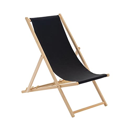 Harbour Housewares Folding Wooden Deck Chairs – Black – Pack of 1 – Adults Traditional Foldable Reclining Outdoor Canvas Sun Lounger Chair Seat for Garden Patio, Beach, Camping