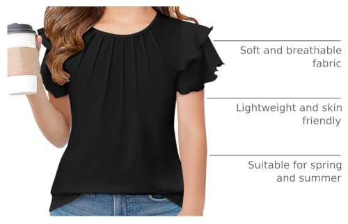 Image of Arshiner Girls T Shirts Ruffle Short Sleeve Summer Pleated Crewneck Casual Tops Tees Blouses
