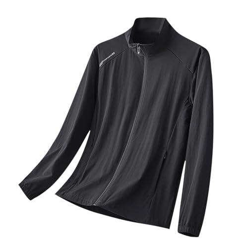 Men's Zipper with Pockets Outdoor Sunwear Windbreaker Tunic Stand-up Collar Long-sleeved Hoodless Casual Coat
