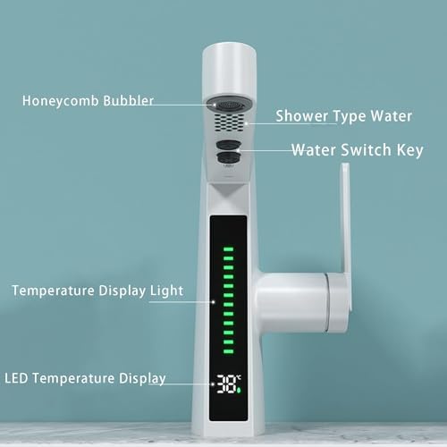 Bateria umywalkowa z cyfrowym wyświetlaczem temperatury, mosiężna bateria z 2 dyszami, pojedynczy uchwyt, stylowe i funkcjonalne akcesoria łazienkowe.