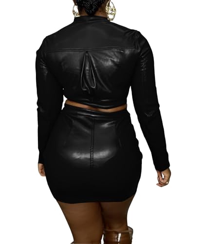 SEMATOMALA Women's Faux Leather Cropped Zip Up Jacket and Bodycon Mini Skirt Outfits 2pcs PU Matching Sets3