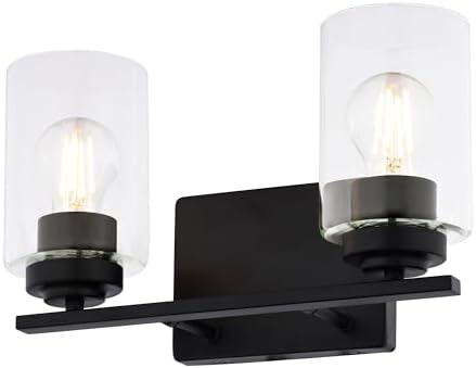 VAXCEL Park Ridge 2-Light 13 in. Wide Matte Black Transitional Bathroom Vanity Lighting Fixture, Clear Glass Shade, Dimmable, LED Compatible, Over The Mirror Mounted Steel Wall Sconce