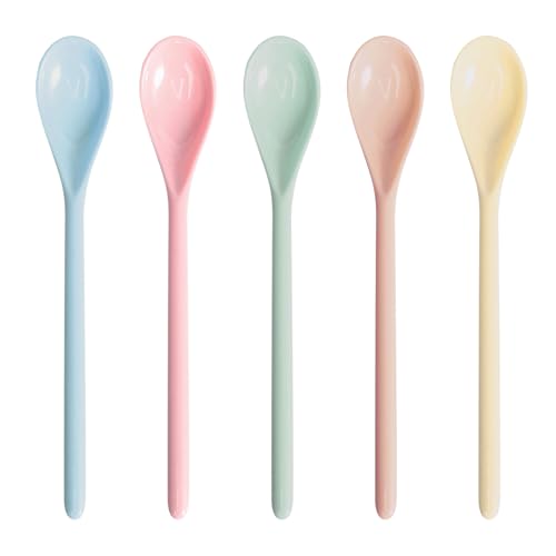Plastik Löffel, 5 Stück Farbe Kunststoff Löffel Lang Eierlöffel Plastik Plastiklöffel Wiederverwendbaren Plastiklöffel Suppenlöffel, BPA-Frei Lange Griff für Kaffee Eis Joghurt