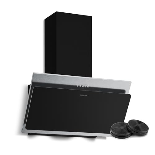 Klarstein Alessia Hotte Aspirante 60 cm - Hotte Décorative Inclinée, 404 m³/h, LED, A+++, 3 Vitesses & Boost, Filtre Charbon, Inox & Verre Noir, Recyclage...