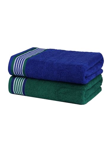 Image of Casa Copenhagen, Germany Design- He & She Super Soft Collection 2 Pieces 100% Cotton Large Bath Towel (Size : 70 x 140 cm) - Abudant Green & Solitaire Blue