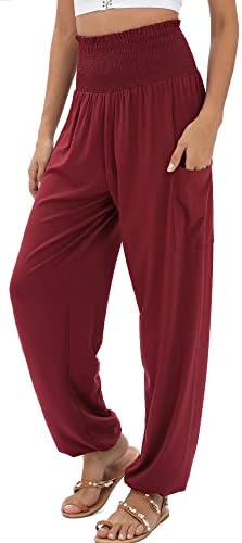 QIANXIZHAN Women's Harem Pants, High Waist Yoga Boho Trousers with Pockets Wine Red XL