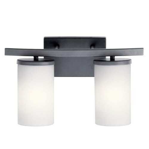 Image of Kichler Crosby 2-Light Bathroom Vanity Light Fixture, Modern Black Wall Mount Lighting with Satin Etched Cased Opal Glass, 15 in x 8.75 in Dimensions, 200W Total, 45496BK