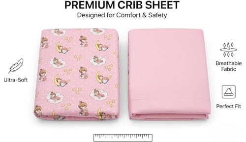 Image of 2 Pack Fitted Crib Sheets for Girls in 100% Jersey Knit Cotton - Pink and Yellow Precious Moments Design Plus Solid Pink Girl's Crib Mattress Sheets by Everyday Kids