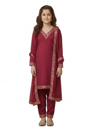 Image of Girls Stylish Rayon Lace Work Kurti with Dupatta and Pant