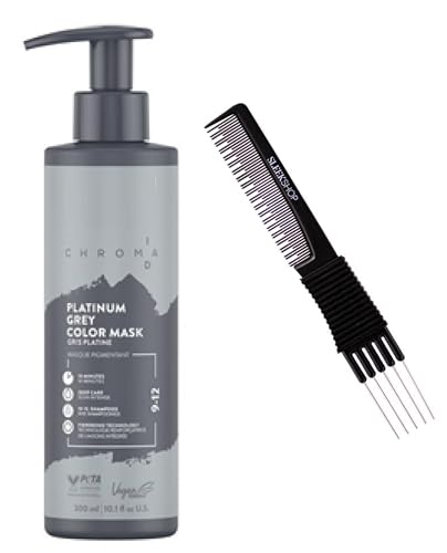 Sleekshop Comb + CHROMA.ID (9-12 Platinum Grey) Schwarzkapf Chroma ID Bonding Color Masks Semi-Permanent Hair Color Dye (w/Sleek Premium Carbon Teasing Comb) ChromaID Haircolor Masque