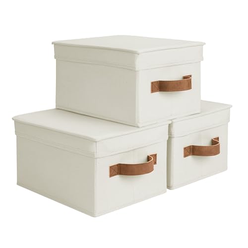 Image of StorageWorks Storage Bins with Lids, Decorative Storage Boxes with Lid and PU Handles, Foldable Storage Baskets for Closet, Shelves, Stackable, Ivory, Medium, 3-Pack