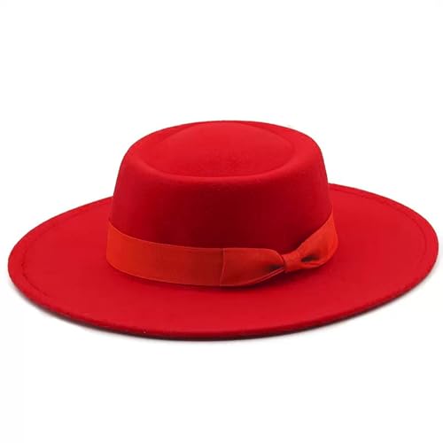 Cotilafi Wide Brimmed Fedora Hats with Bow Belted Flat Top British Style Vintage Panama Felt Cap Flat Brimmed Jazz Hat Red